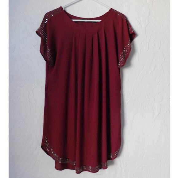 Poetry Pink Shift Pleated Tunic Dress Women size Small Studs Accent Short Sleeve - Picture 2 of 13